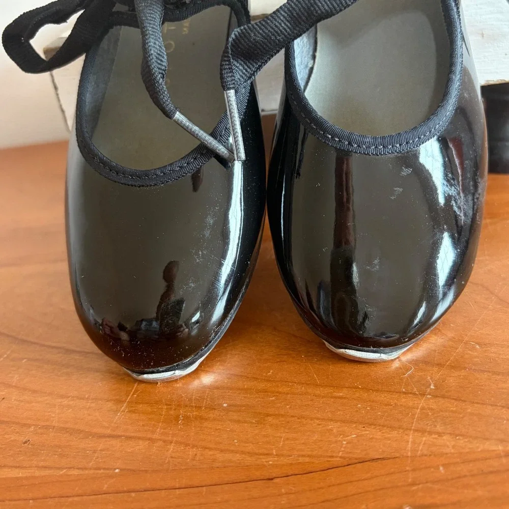 Spotlights Kids Black Patent Leather Tap Shoes Ribbon Tie Made in USA Size 9